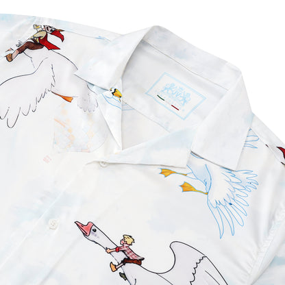 Red-crowned Crane Print Short Sleeve Camp Collar Shirt