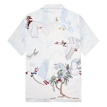 Red-crowned Crane Print Short Sleeve Camp Collar Shirt