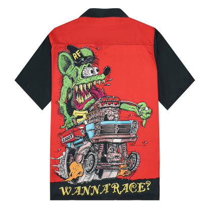 Black And Red Mouse Print Camp Collar Short Sleeve Shirt For Men