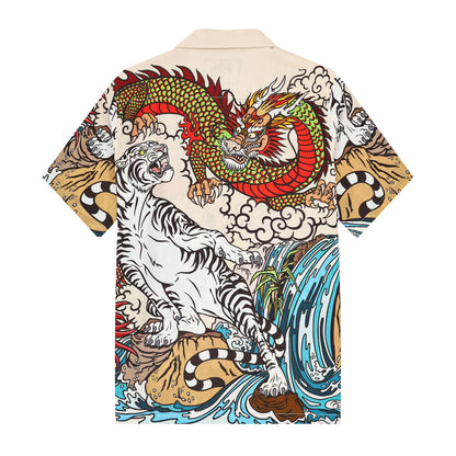 Japanese Tiger Dragon Printed Camp Collar Short Sleeve Shirt