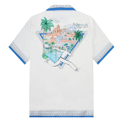 Tennis Palace Pattern Camp Collar Short Sleeve Shirt
