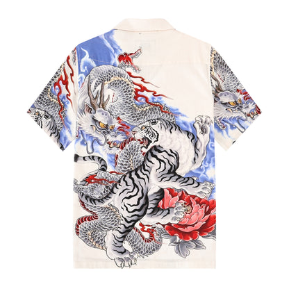 Dragon Tiger Pattern Cotton Button Short Sleeve Shirt