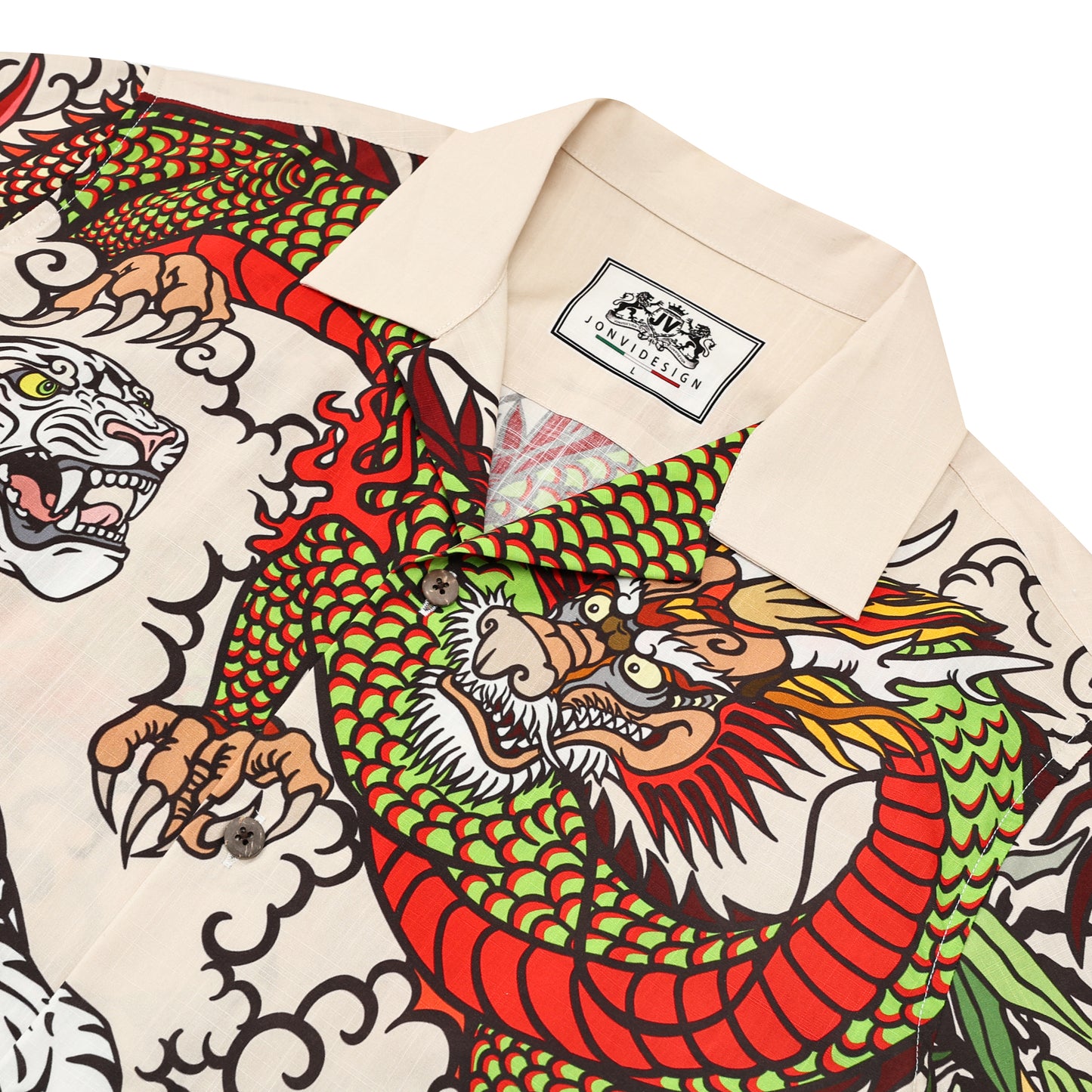 Japanese Tiger Dragon Printed Camp Collar Short Sleeve Shirt