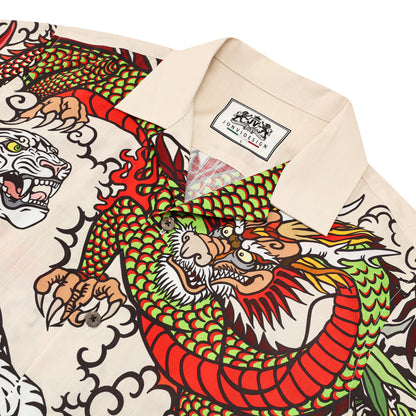Japanese Tiger Dragon Printed Camp Collar Short Sleeve Shirt