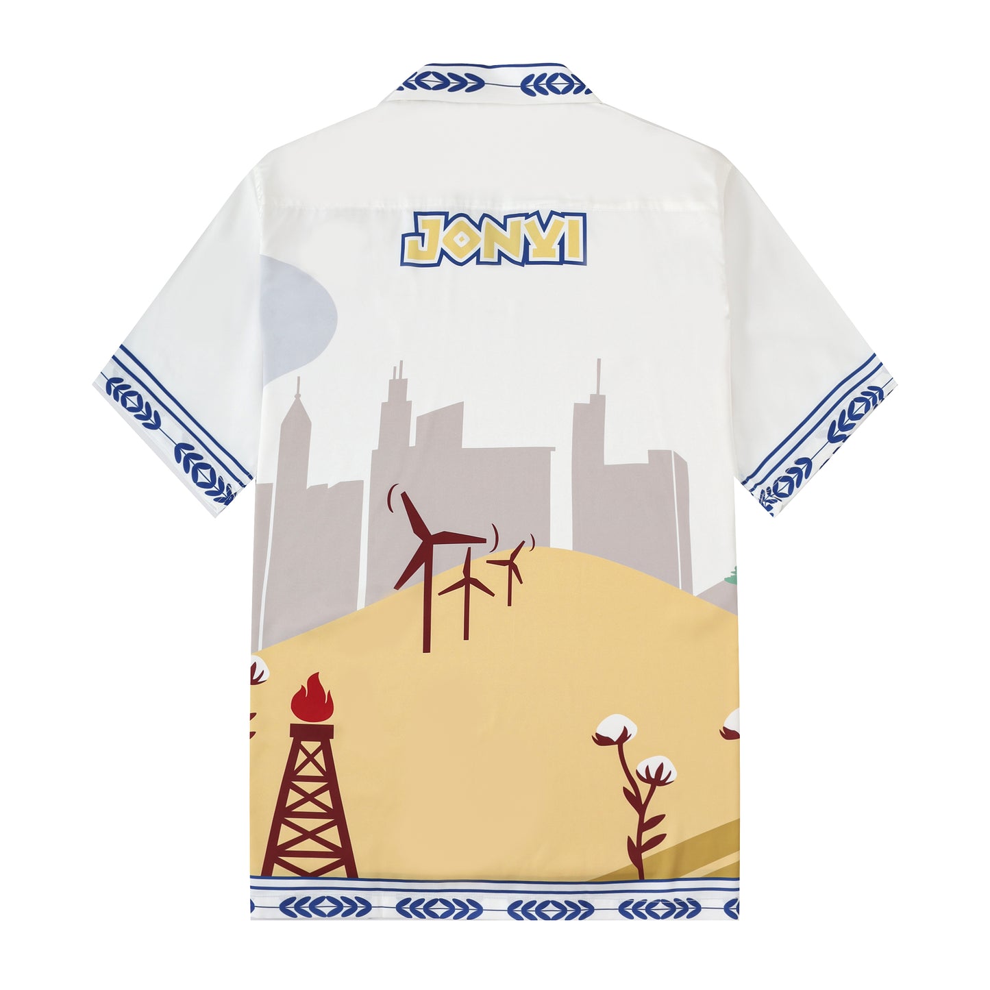 Snow Mountain Wind Turbine Pattern Short Sleeve Camp Collar Shirt
