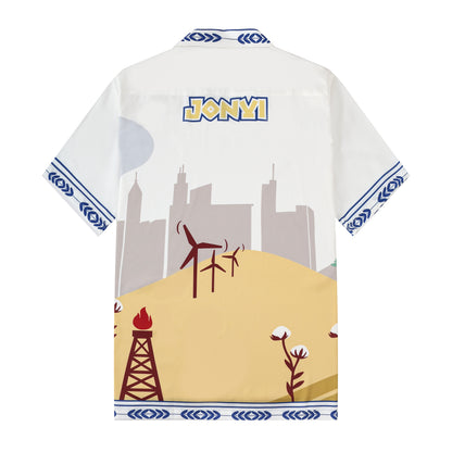 Snow Mountain Wind Turbine Pattern Short Sleeve Camp Collar Shirt