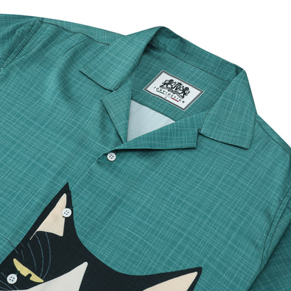 Cat Drinking Red Wine Print Camp Collar Short Sleeve Shirt
