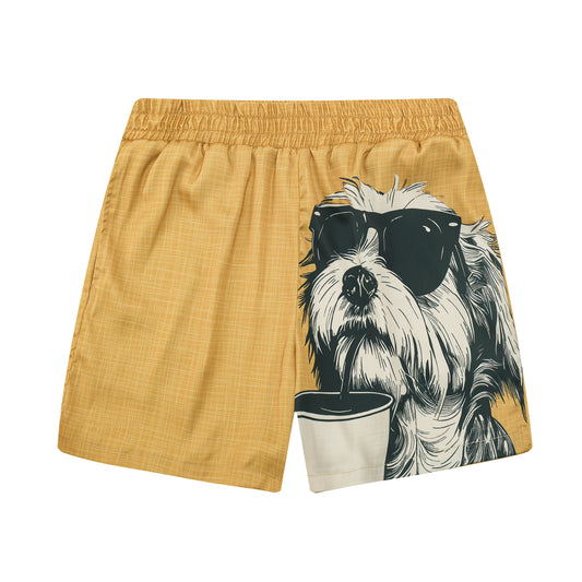 Puppy Drinking Coffee Print Elastic Waistband Summer Casual Shorts