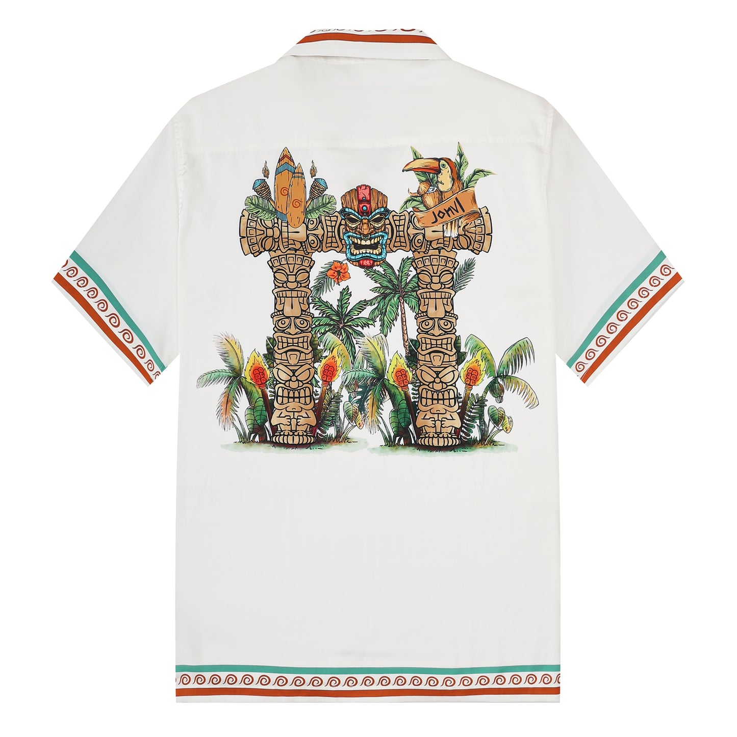 Tropical Tiki Statue Pattern Short Sleeve Camp Collar Shirt in White