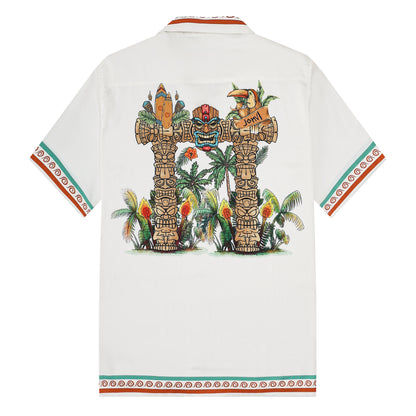Tropical Tiki Statue Pattern Short Sleeve Camp Collar Shirt in White