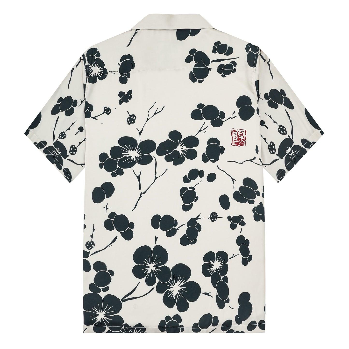 Black Plum Blossom Print Design Camp Collar Short Sleeve Shirt
