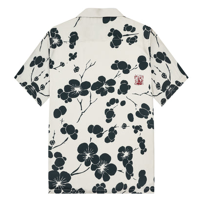 Black Plum Blossom Print Design Camp Collar Short Sleeve Shirt