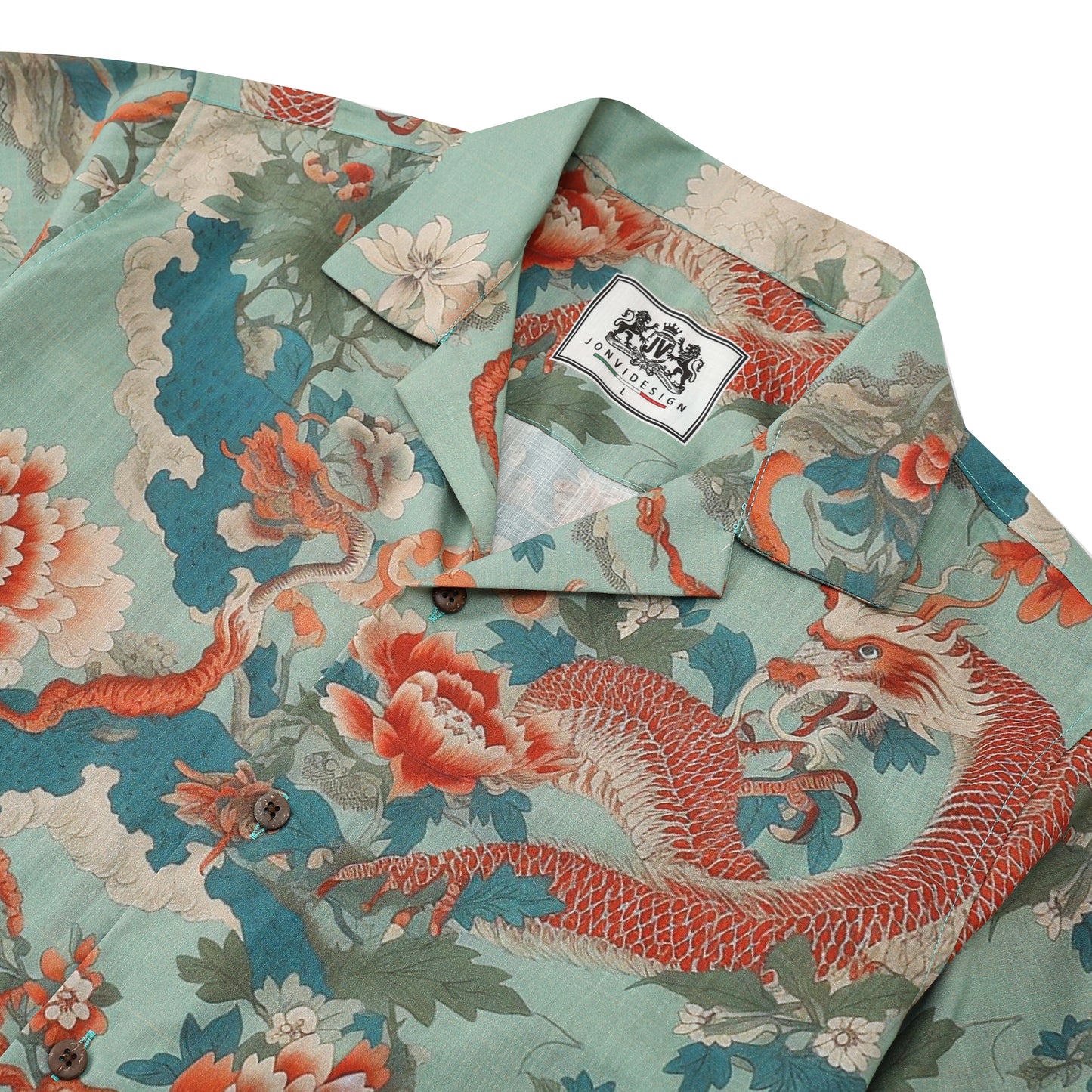 Ukiyo-e Gragon Floral Pattern Camp Collar Short Sleeve Shirt