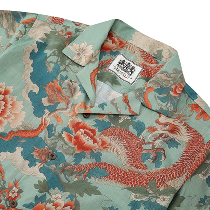 Ukiyo-e Gragon Floral Pattern Camp Collar Short Sleeve Shirt