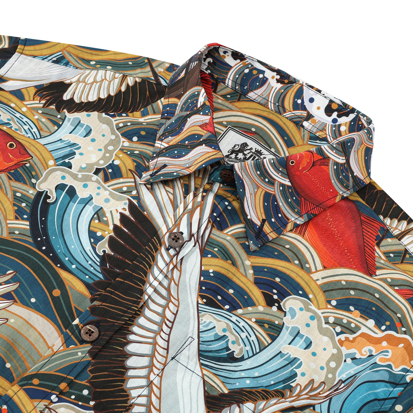 Crane Wave Koi Fish Pattern Button Short Sleeve Shirt