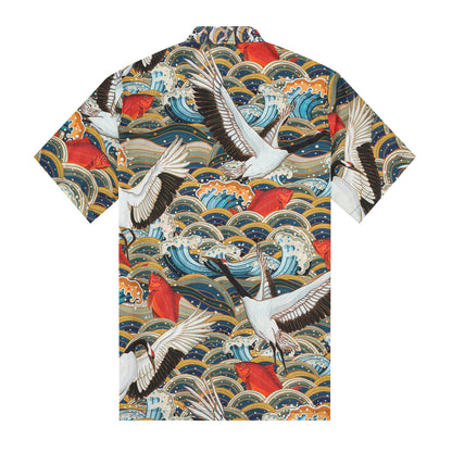 Crane Wave Koi Fish Pattern Button Short Sleeve Shirt