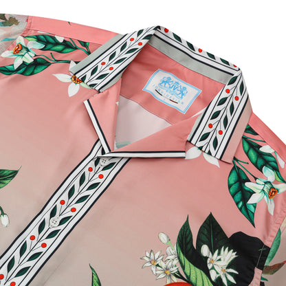 Orange Floral Pattern Short Sleeve Camp Collar Casual Shirt