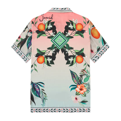 Orange Floral Pattern Short Sleeve Camp Collar Casual Shirt
