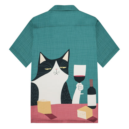 Cat Drinking Red Wine Print Camp Collar Short Sleeve Shirt