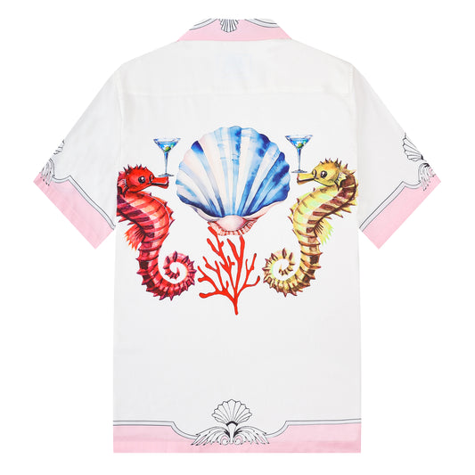 Marine Seahorse Pattern Short Sleeve Camp Collar Shirt