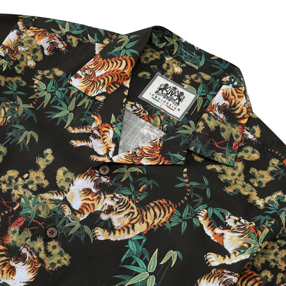 Ukiyo-e Bamboo Tiger Printed Camp Collar Short Sleeve Shirt