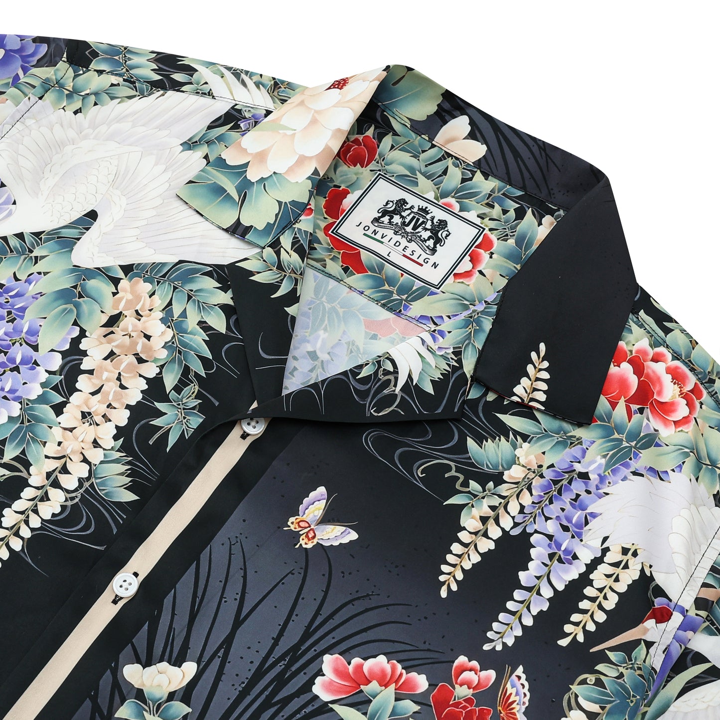 Ukiyo-e Floral Crane Printed Camp Collar Short Sleeve Shirt