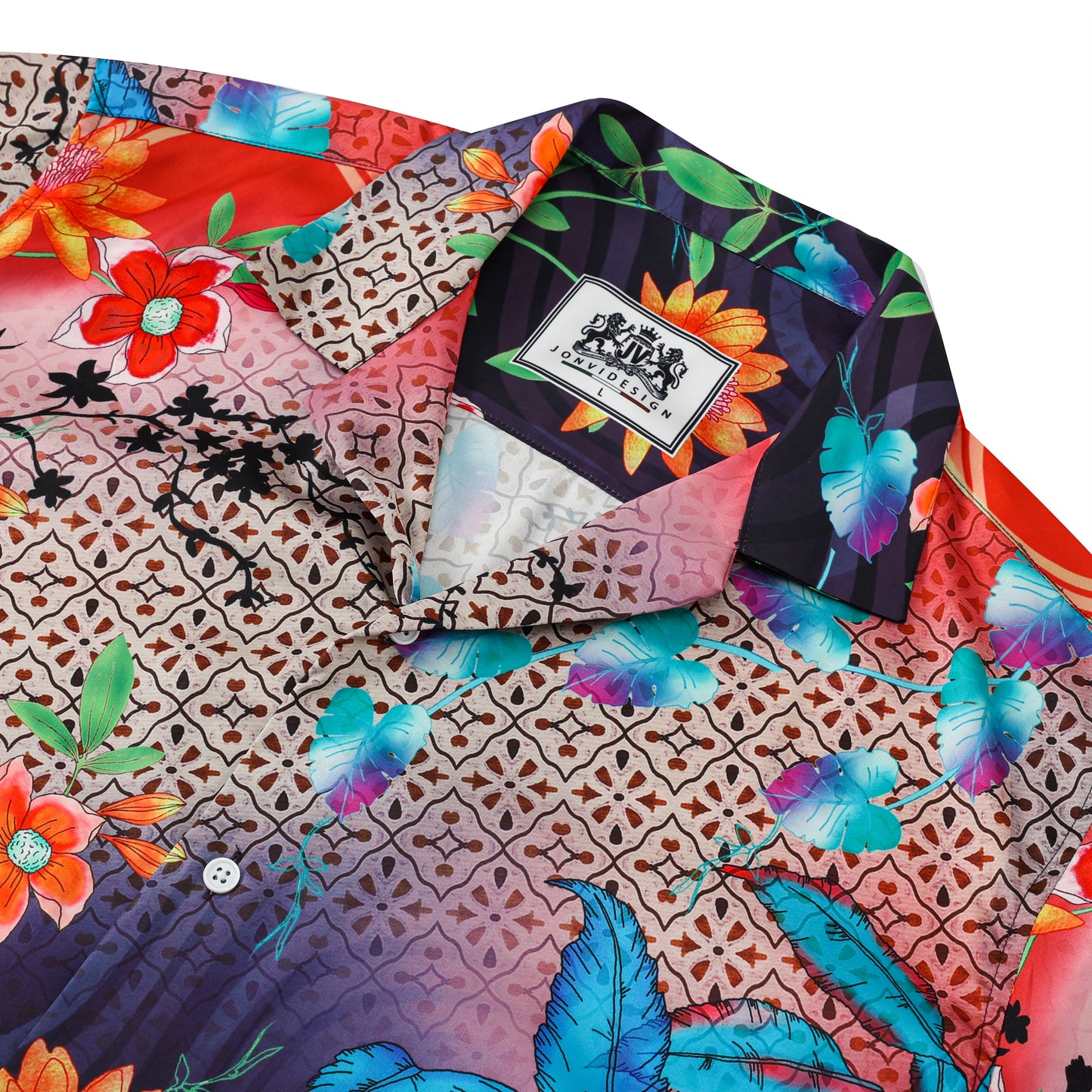 Colorful Floral Pattern Short Sleeve Camp Collar Casual Shirt