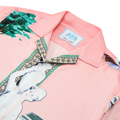 Pink Goddess Statue Pattern Camp Collar Long Sleeve Shirt