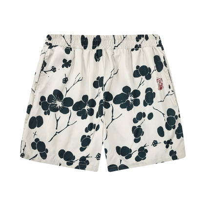 Black Plum Blossom Print Design Elastic Waistband Summer Casual Shorts