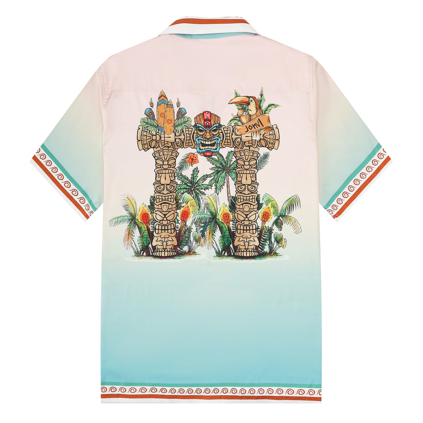 Tropical Tiki Statue Pattern Short Sleeve Camp Collar Shirt in Pink