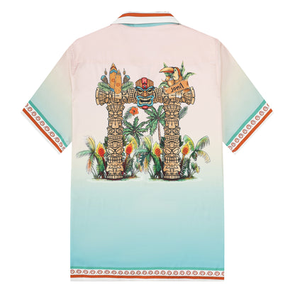 Tropical Tiki Statue Pattern Short Sleeve Camp Collar Shirt in Pink