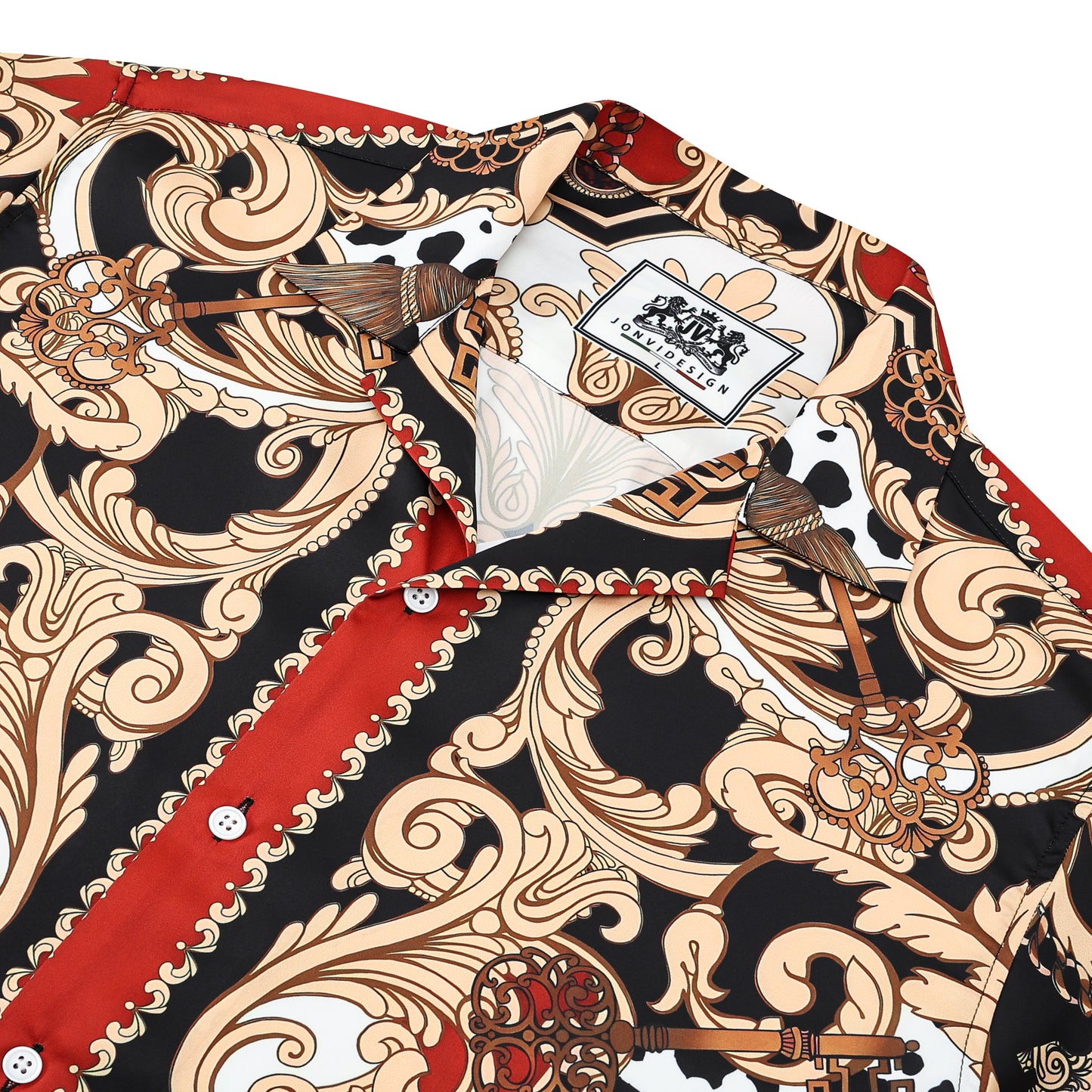 Red Baroque Pattern Camp Collar Casual Shirt for Men Jonvidesign