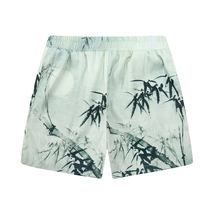 Retro Bamboo Print Design Elastic Waistband Summer Casual Shorts