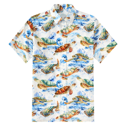 Wave Turtle Pattern Button Short Sleeve Shirt