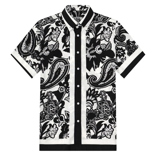 Black Flower Pattern Button Short Sleeve Shirt