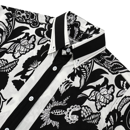 Black Flower Pattern Button Short Sleeve Shirt