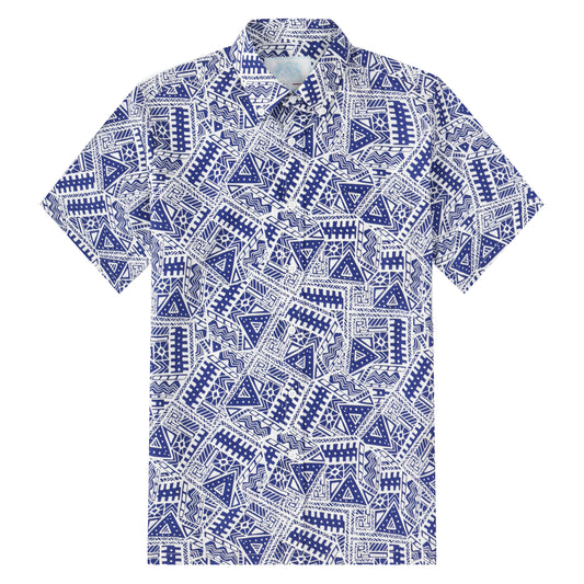 Blue Geometric Pattern Button Short Sleeve Shirt
