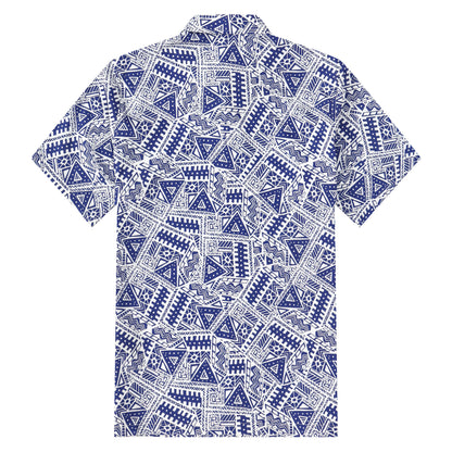 Blue Geometric Pattern Button Short Sleeve Shirt