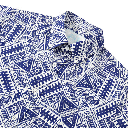 Blue Geometric Pattern Button Short Sleeve Shirt