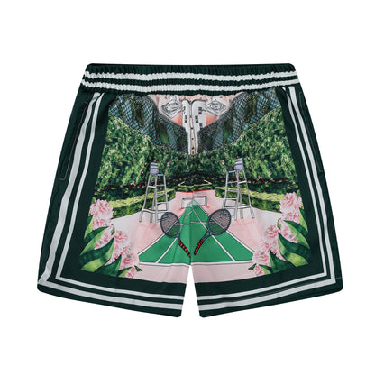 Tennis Court Cat Pattern Silk Fiber Waistband Shorts