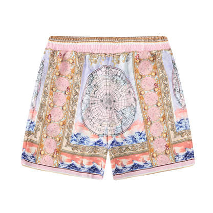 Baroque Globe Pattern Printed Waistband Shorts