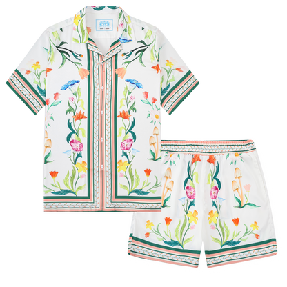 Green Floral Pattern Elastic Waist Casual Vacation Shorts