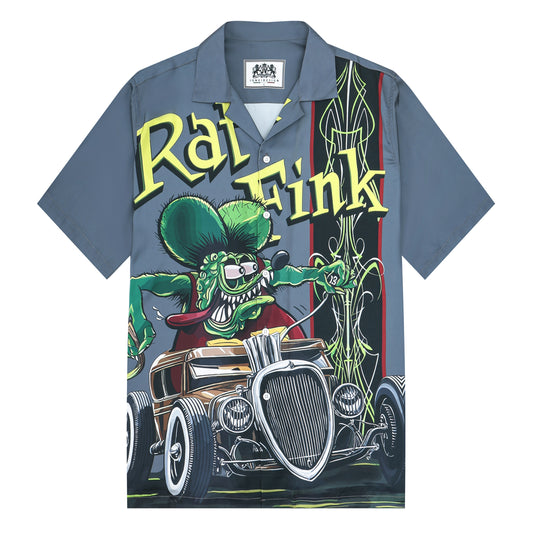 Modified Car Print Camp Collar Short Sleeve Shirt Grey