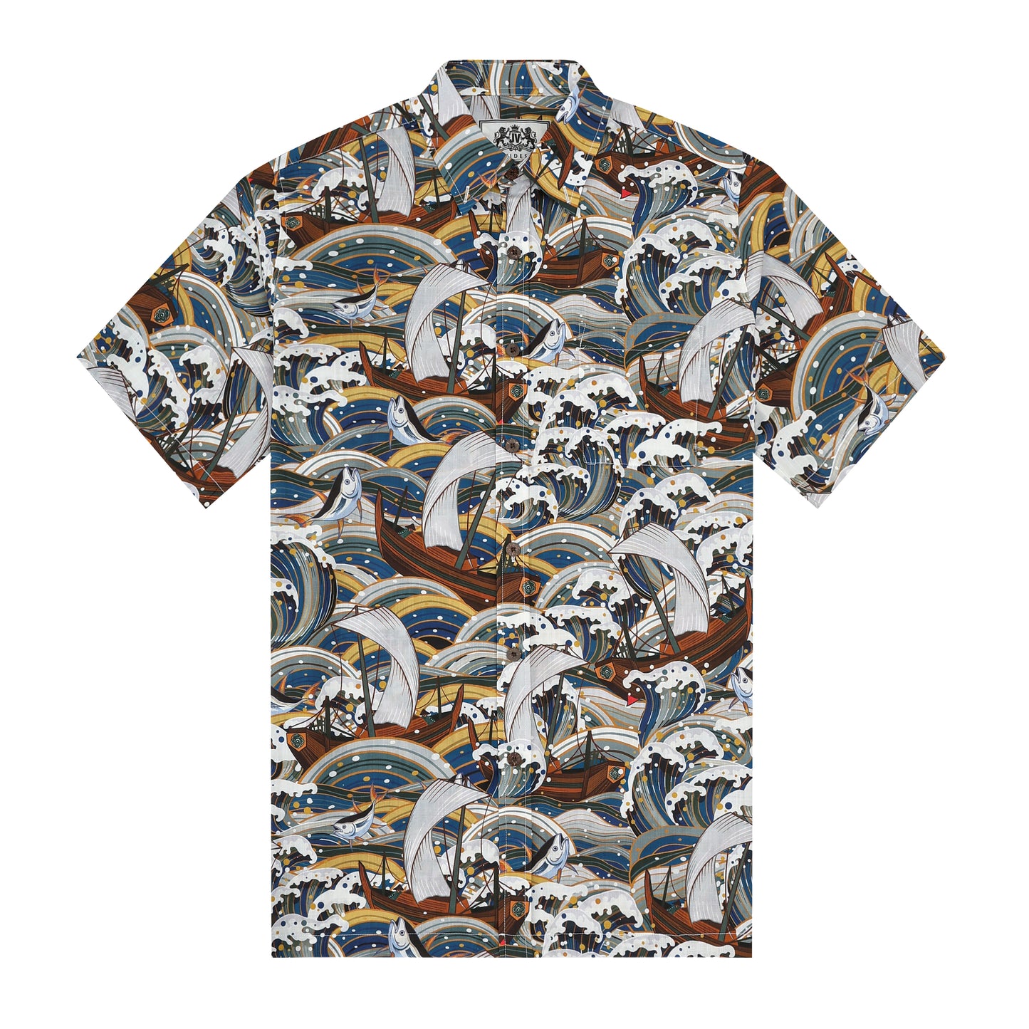 Sailboat Wave Fish Pattern Button Short Sleeve Shirt