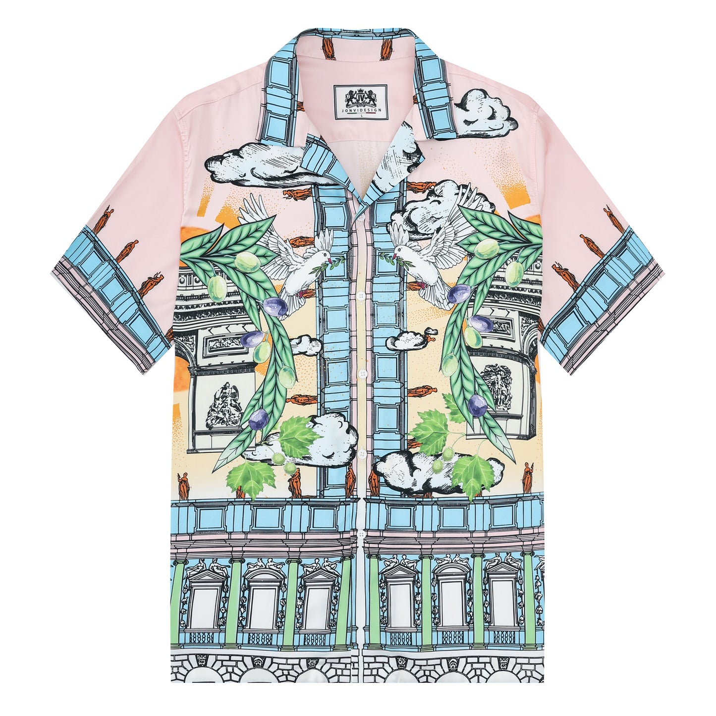 Arc De Triomphe Peace Dove Camp Collar Short Sleeve Shirt