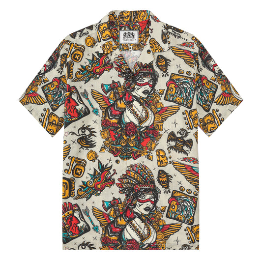 Ancient Mexican Mayan Pattern Short Sleeve Camp Collar Shirt