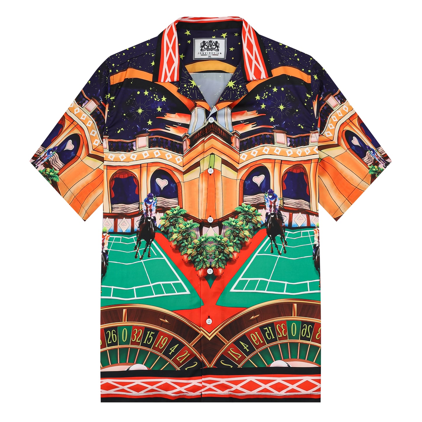 Starry Horse Racing Pattern Silk Fiber Short Sleeve Camp Collar Shirt