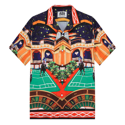 Starry Horse Racing Pattern Silk Fiber Short Sleeve Camp Collar Shirt