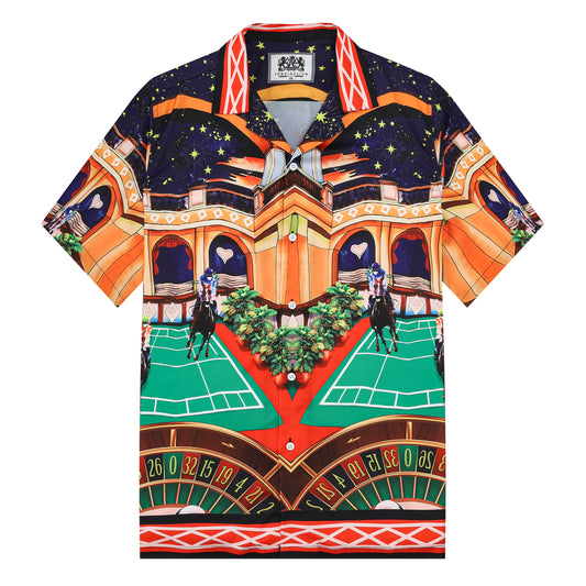 Starry Horse Racing Pattern Silk Fiber Short Sleeve Camp Collar Shirt