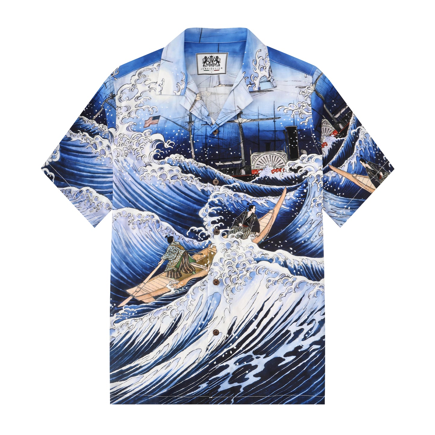 Sea Wave Ukiyoe Style Button Short Sleeve Shirt